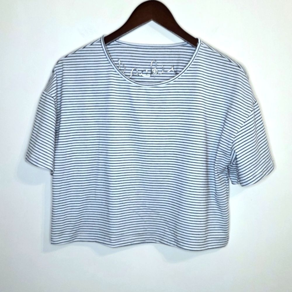 Blue And White Striped Cropped Tee Size Large